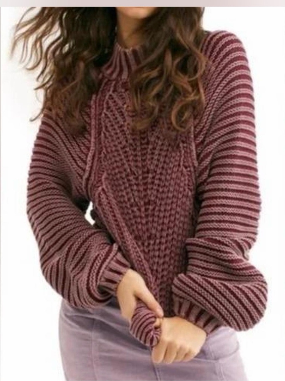 Free People Sweetheart Sweater Chunky Rib Mock Neck Slouch Garnet Grotto- M